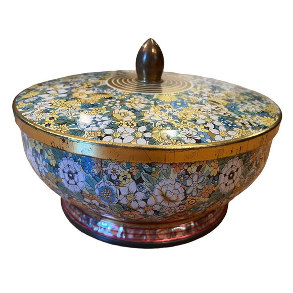 Aqua & Yellow Covered Tin Bowl w/ Handled Lid DESIGNED BY DANER COLORFUL FLORAL - Picture 2 of 6